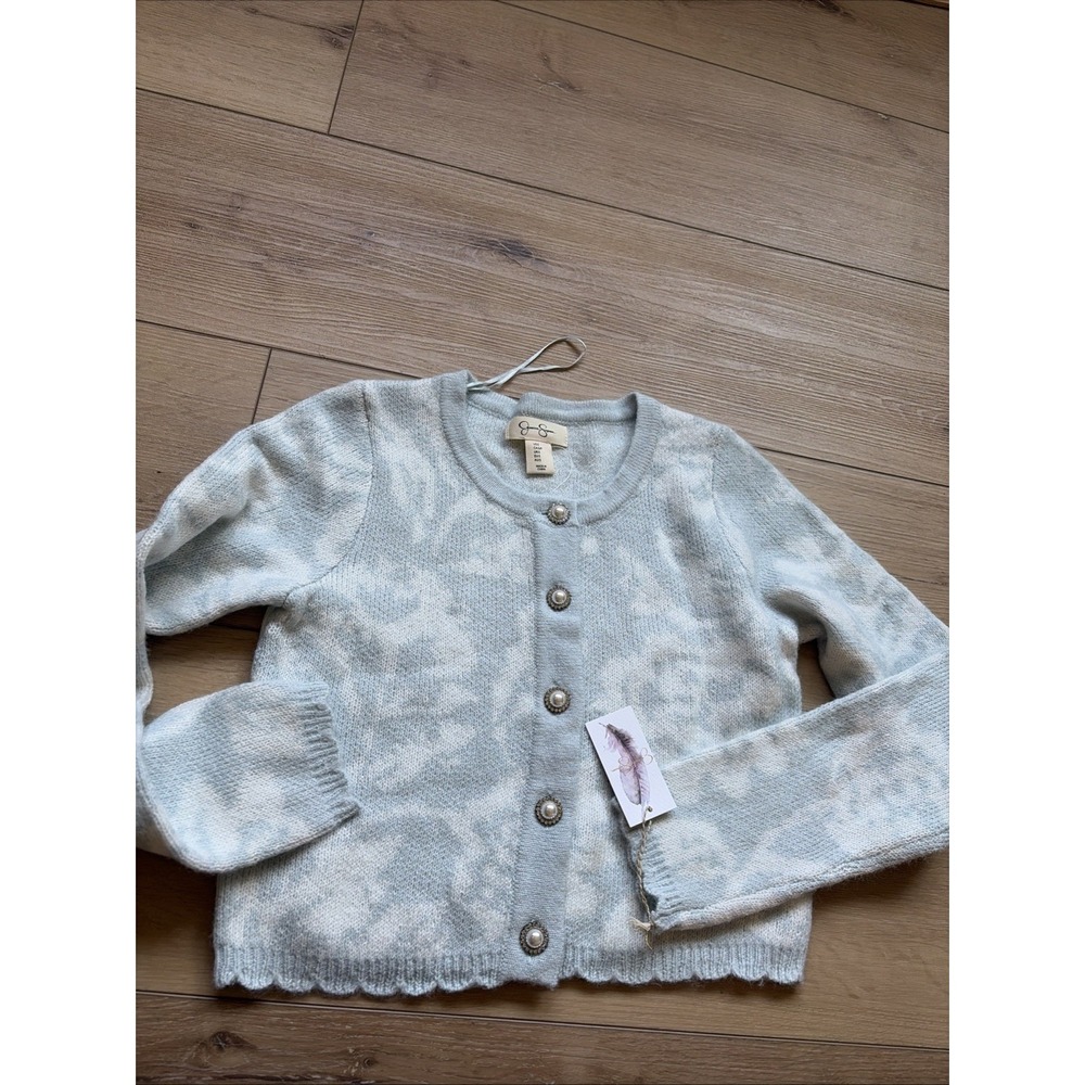 Jessica Simpson Women's Blue Floral Scallop Cardigan Cropped Sweater Size Small
